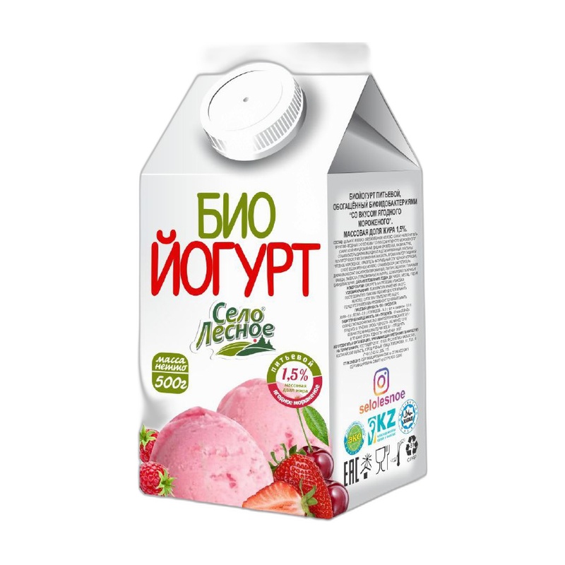 БИОЙОГУРТ ПИТЬЕВОЙ СЕЛО ЛЕСНОЕ ЯГОДНОЕ МОРОЖЕНОЕ 1,5% 500Г Т/П