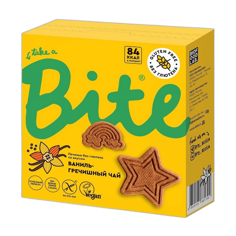 ПЕЧЕНЬЕ БЕЗГЛЮТЕНОВОЕ BITE ВАНИЛЬ ГРЕЧИШНЫЙ ЧАЙ 115Г
