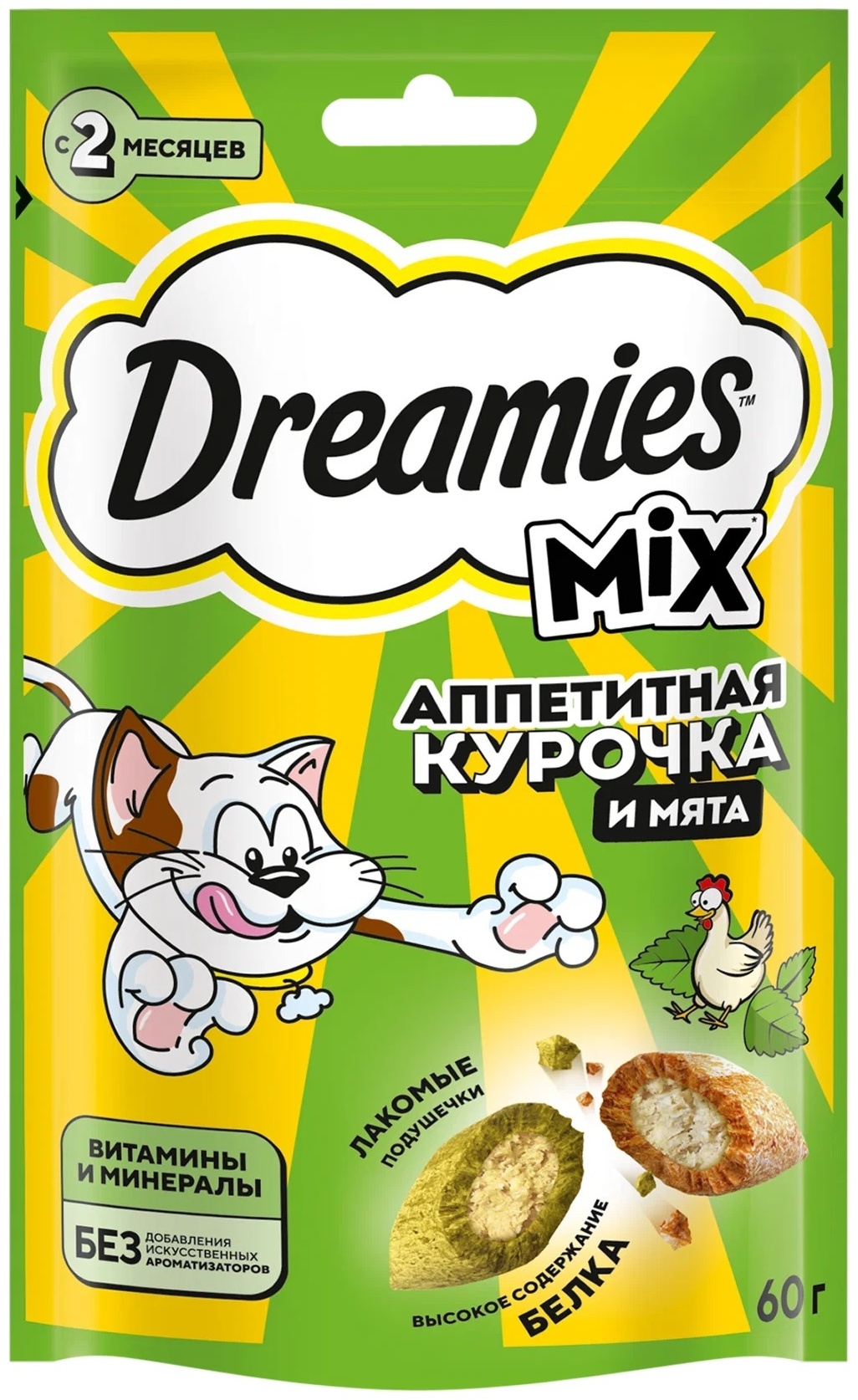 КОРМ ДЛЯ КОШЕК DREAMIES ПОДУШЕЧКИ МИКС КУРИЦА И МЯТА 60Г