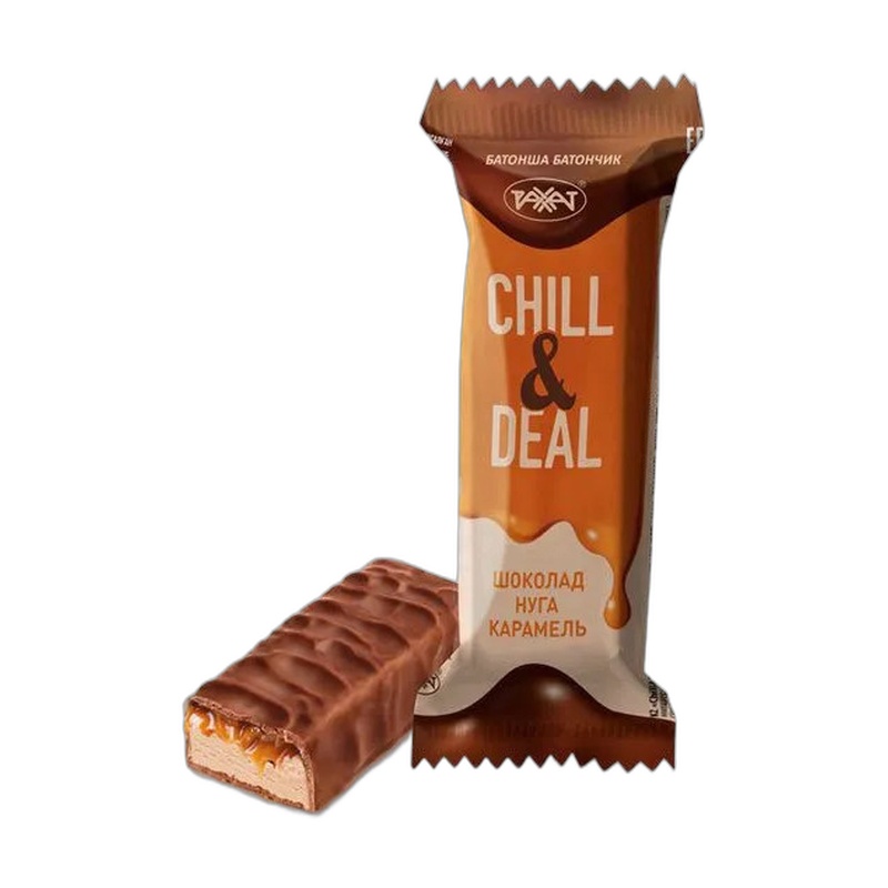 БАТОНЧИК РАХАТ CHILL DЕАl MINI МОЛ.ШОК. С КАРАМЕЛЬЮ И НУГОЙ ВЕС