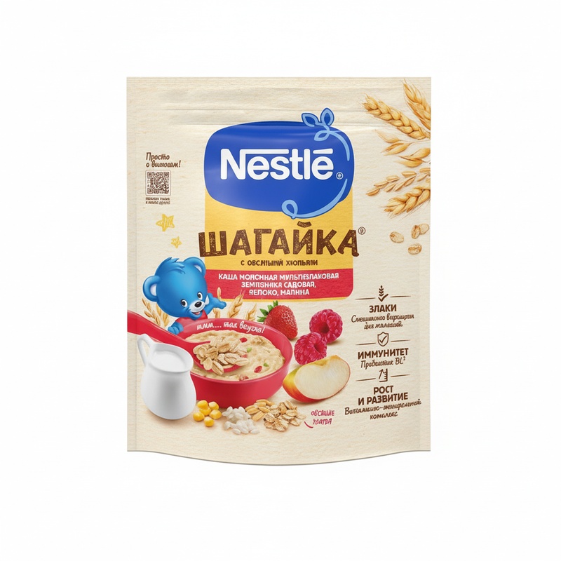 КАША МОЛОЧНАЯ NESTLE ШАГАЙКА МУЛЬТИЗЛАКОВАЯ ЗЕМЛЯНИКА ЯБЛОКО МАЛИНА 190Г