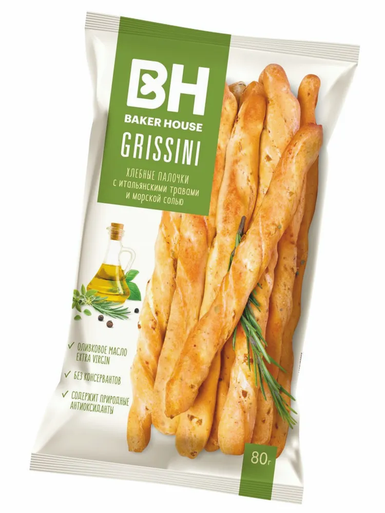 ХЛЕБНЫЕ ПАЛОЧКИ GRISSINI ИТАЛЬЯНСКИЕ ТРАВЫ И МОРСКАЯ СОЛЬ 80Г