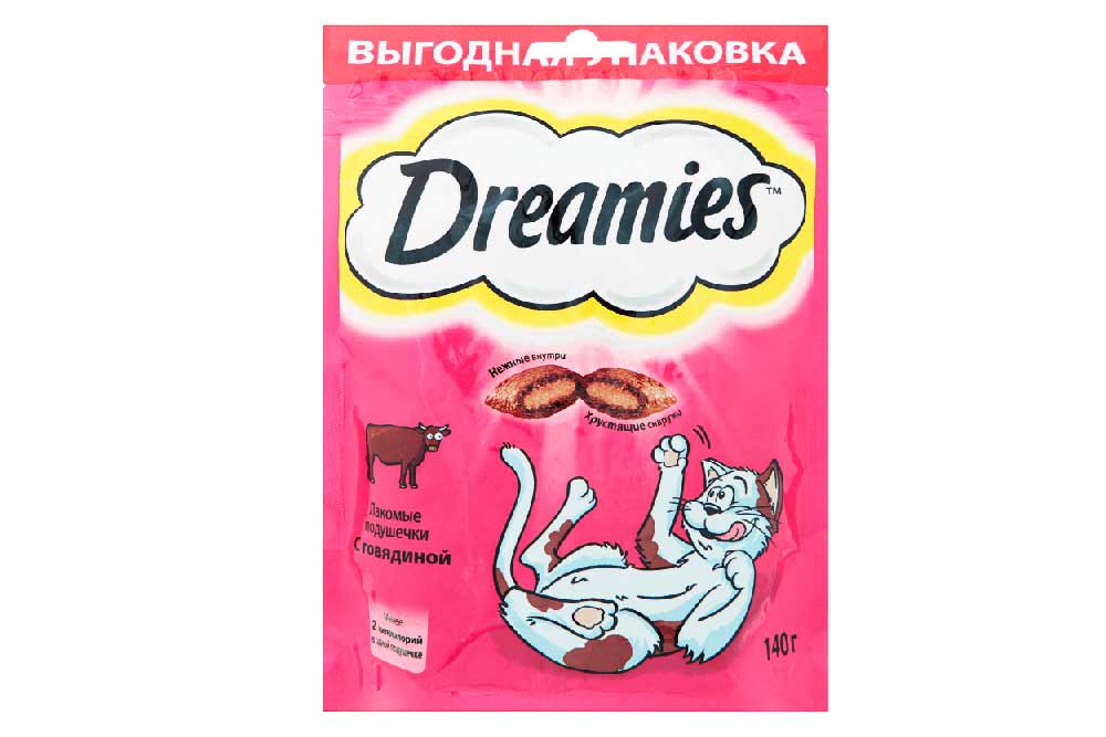 КОРМ ДЛЯ КОШЕК DREAMIES ПОДУШЕЧКИ С ГОВЯДИНОЙ 140Г