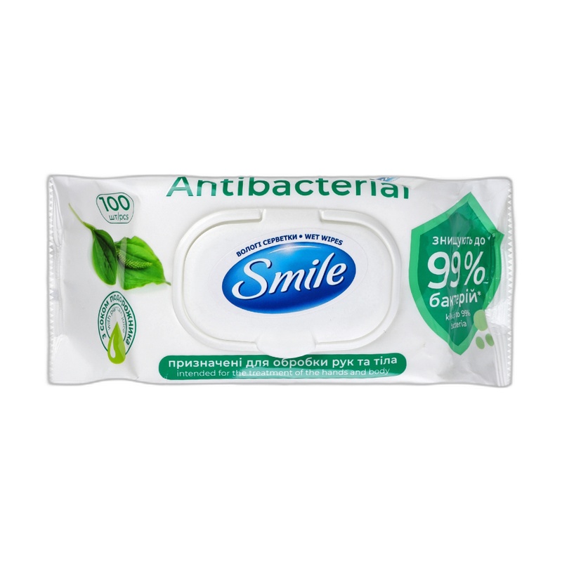 САЛФЕТКИ ВЛАЖНЫЕ SMILE ANTIBACTERIAL ПОДОРОЖНИК 100ШТ NEW