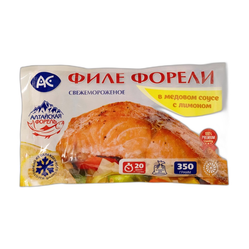РЫБА ЗАМОРОЖЕННАЯ АС ФИЛЕ ФОРЕЛИ В МЕДОВОМ СОУСЕ С ЛИМОНОМ 350Г