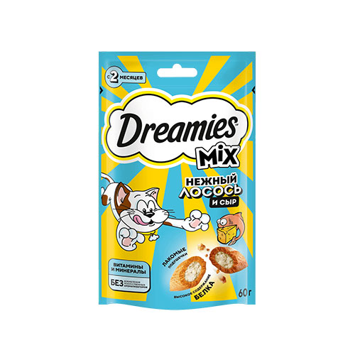 КОРМ ДЛЯ КОШЕК DREAMIES ПОДУШЕЧКИ С ЛОСОСЕМ 60Г