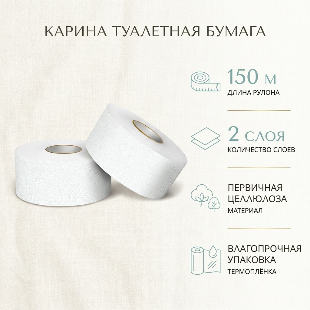 БУМАГА ТУАЛЕТНАЯ КАРИНА БЕЛАЯ 2-СЛОЙНАЯ 150М 1ШТ