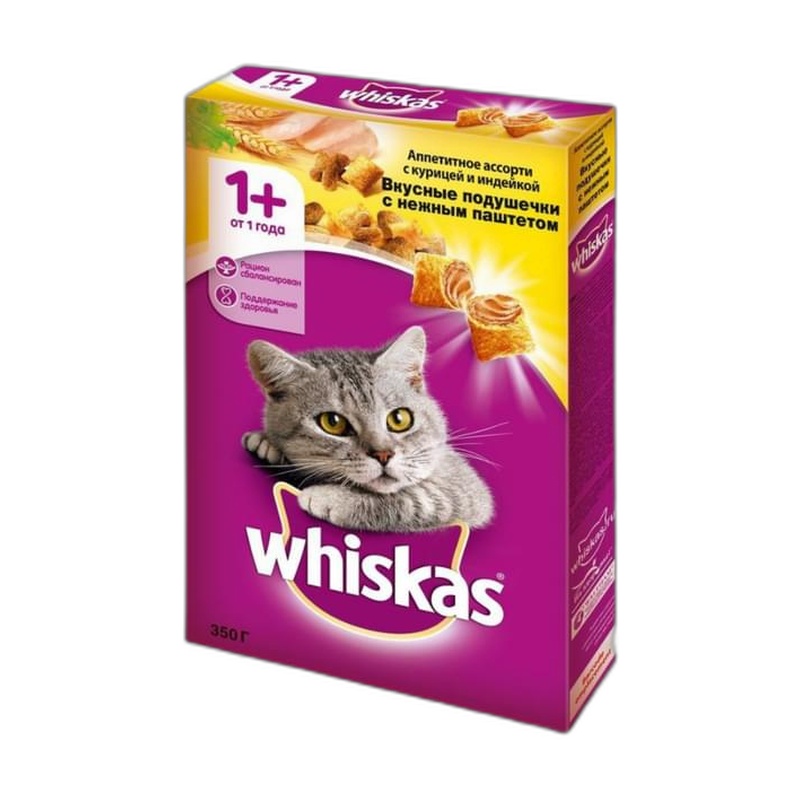КОРМ ДЛЯ КОШЕК WHISKAS ПОДУШЕЧКИ С ПАШТЕТОМ КУРИЦА ИНДЕЙКА 350Г