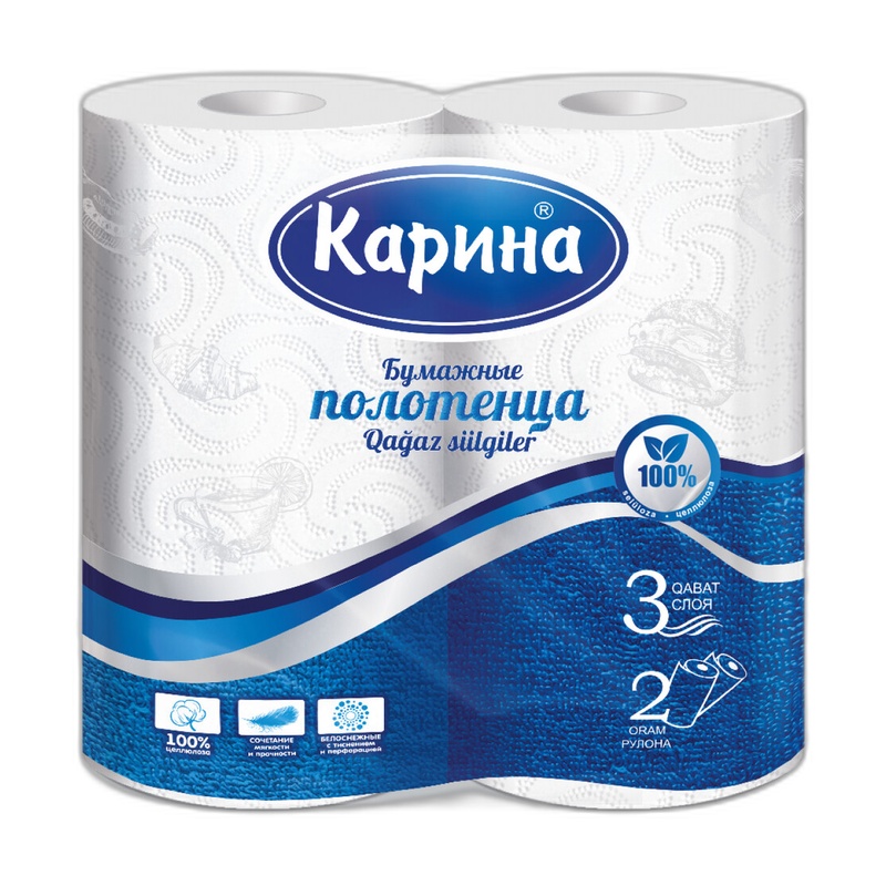 ПОЛОТЕНЦА БУМАЖНЫЕ КАРИНА БЕЛЫЕ 3-СЛОЙНЫЕ 2ШТ