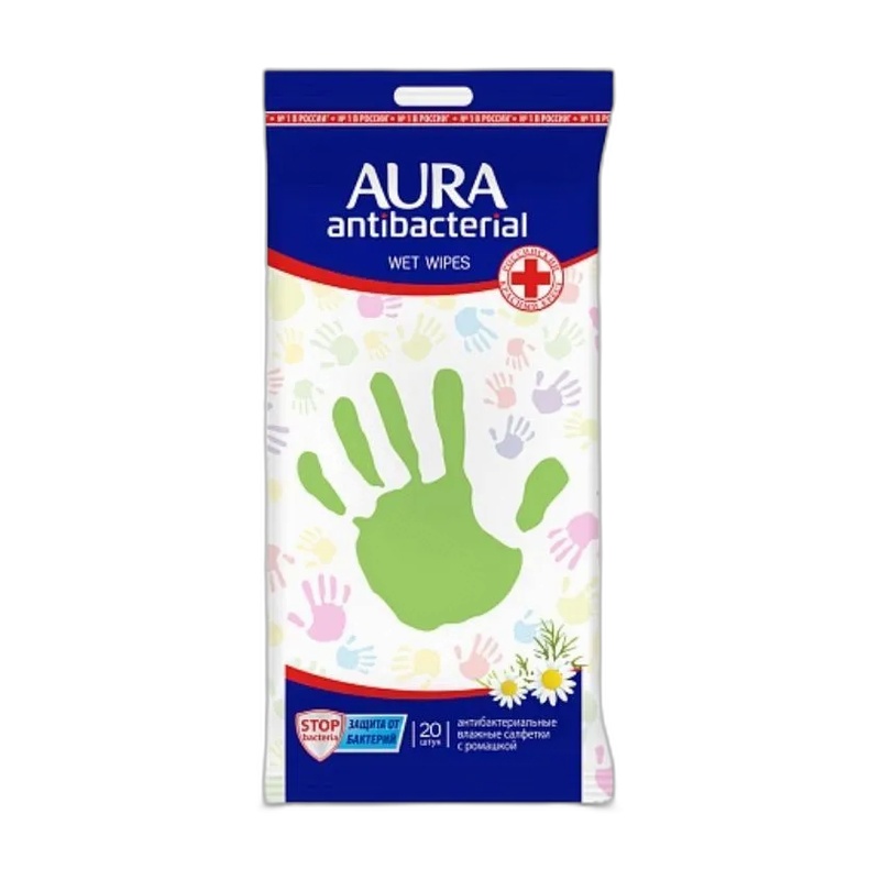 САЛФЕТКИ ВЛАЖНЫЕ AURA ANTIBACTERIAL РОМАШКА 20ШТ