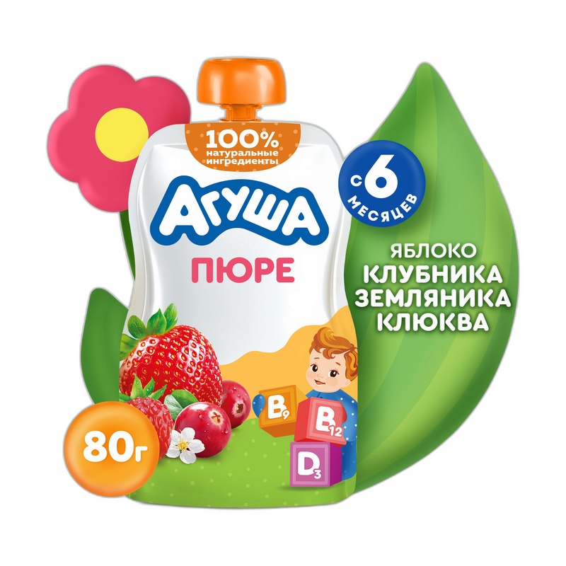 ПЮРЕ АГУША ЯБЛОКО ЗЕМЛЯНИКА КЛЮКВА 80Г ПАУЧ