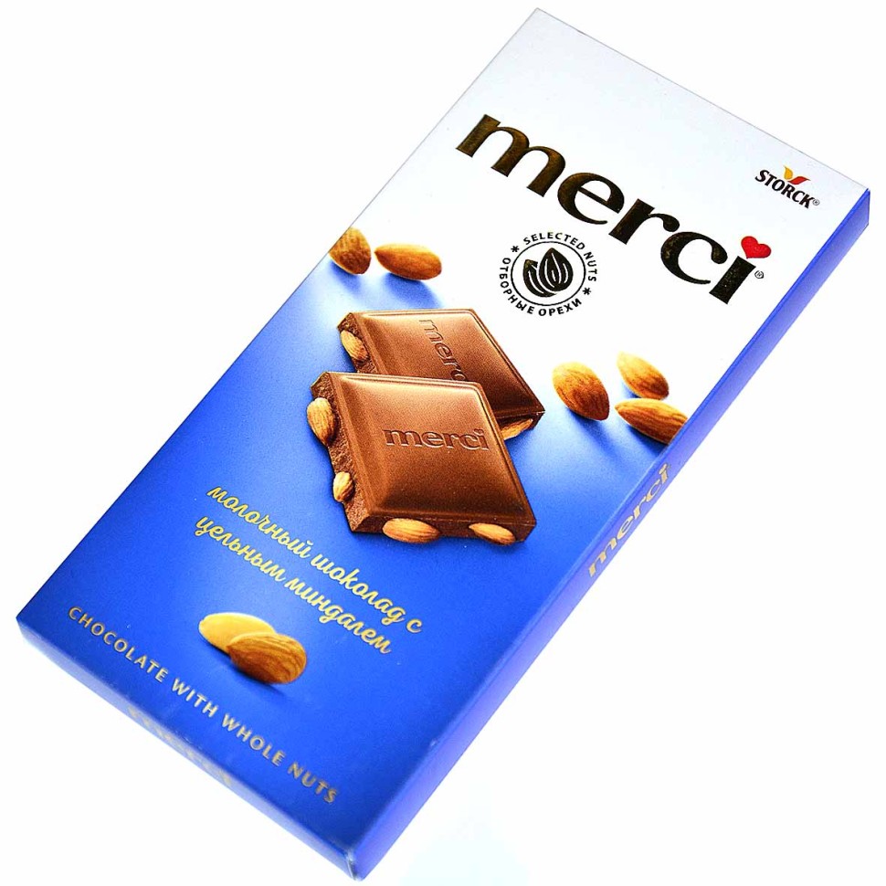 ШОКОЛАД MERCI ПЛИТКА МОЛОЧНЫЙ ЦЕЛЬНЫЙ МИНДАЛЬ 100Г