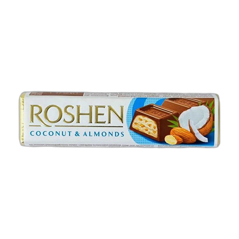 БАТОНЧИК ROSHEN МОЛОЧНО-ШОКОЛАДНЫЙ С КОКОСОМ И МИНДАЛЕМ 38Г