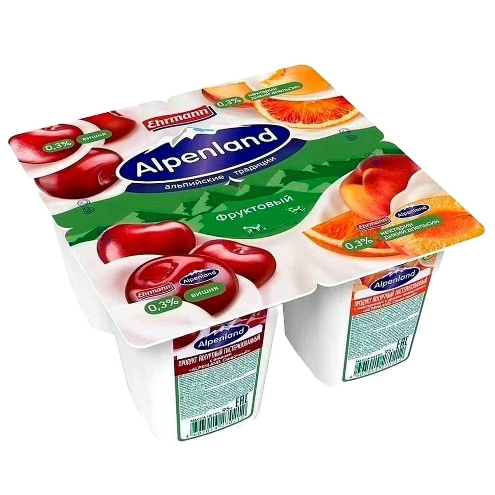 ЙОГУРТ ALPENLAND ВИШНЯ НЕКТАРИН ДИКИЙ АПЕЛЬСИН 0,3% 95Г
