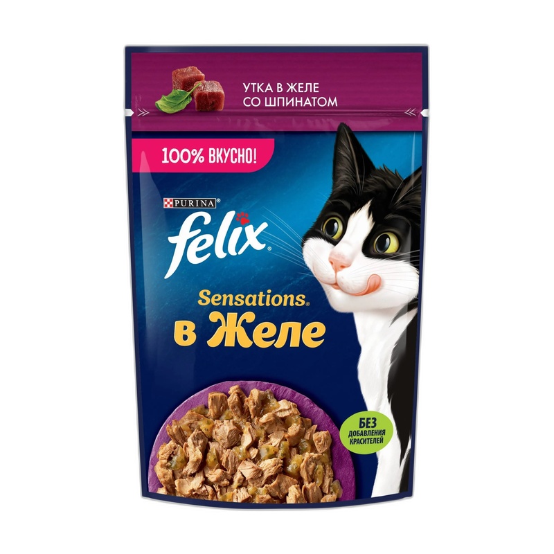 КОРМ ДЛЯ КОШЕК FELIX SENSATIONS ЖЕЛЕ УТКА ШПИНАТ 75Г