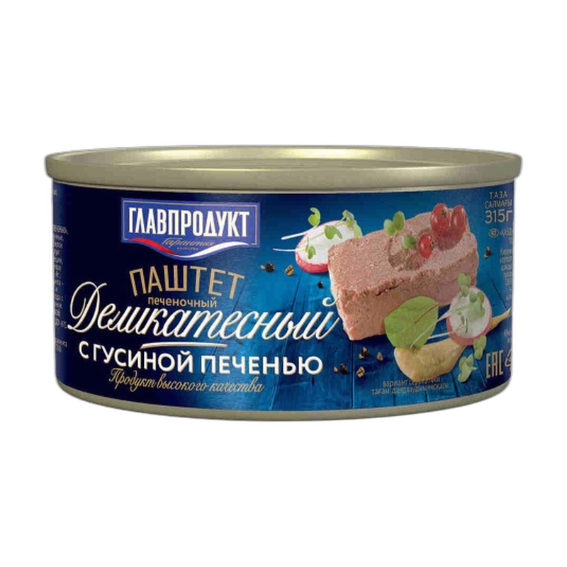 ПАШТЕТ ГЛАВПРОДУКТ С ГУСИНОЙ ПЕЧЕНЬЮ ДЕЛИКАТЕСНЫЙ 315Г Ж/Б