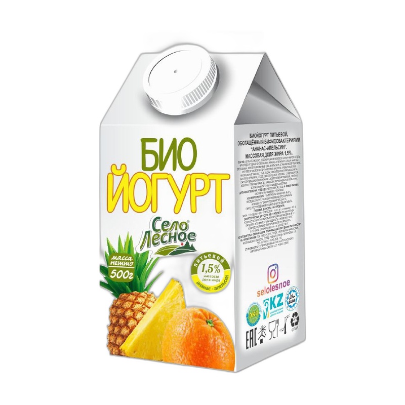 БИОЙОГУРТ ПИТЬЕВОЙ СЕЛО ЛЕСНОЕ АНАНАС АПЕЛЬСИН 1,5% 500Г Т/П