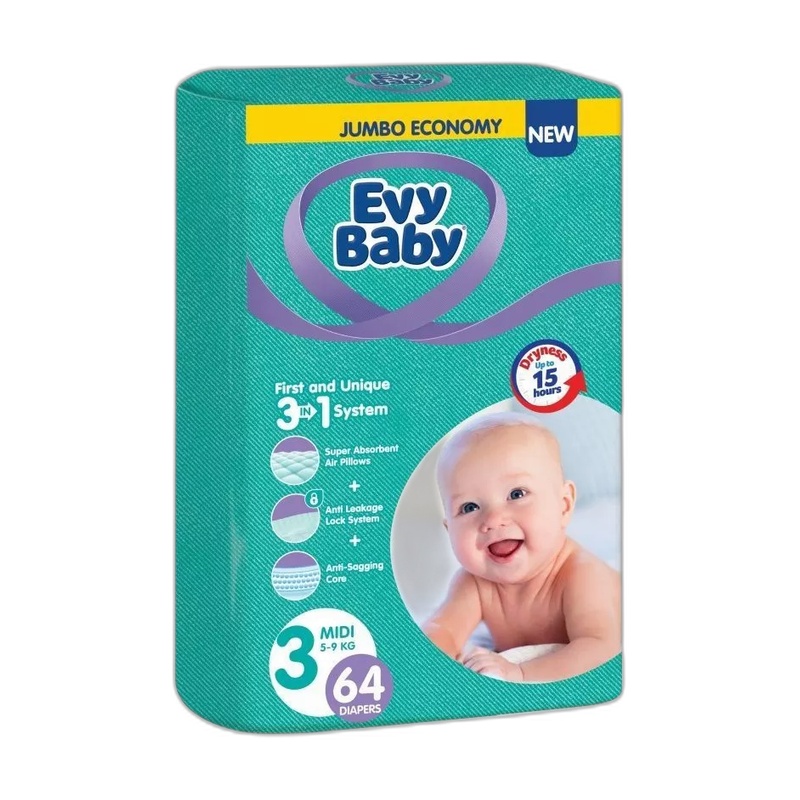ПОДГУЗНИКИ EVY BABY MIDI JUMBO '3 5-9КГ 64ШТ