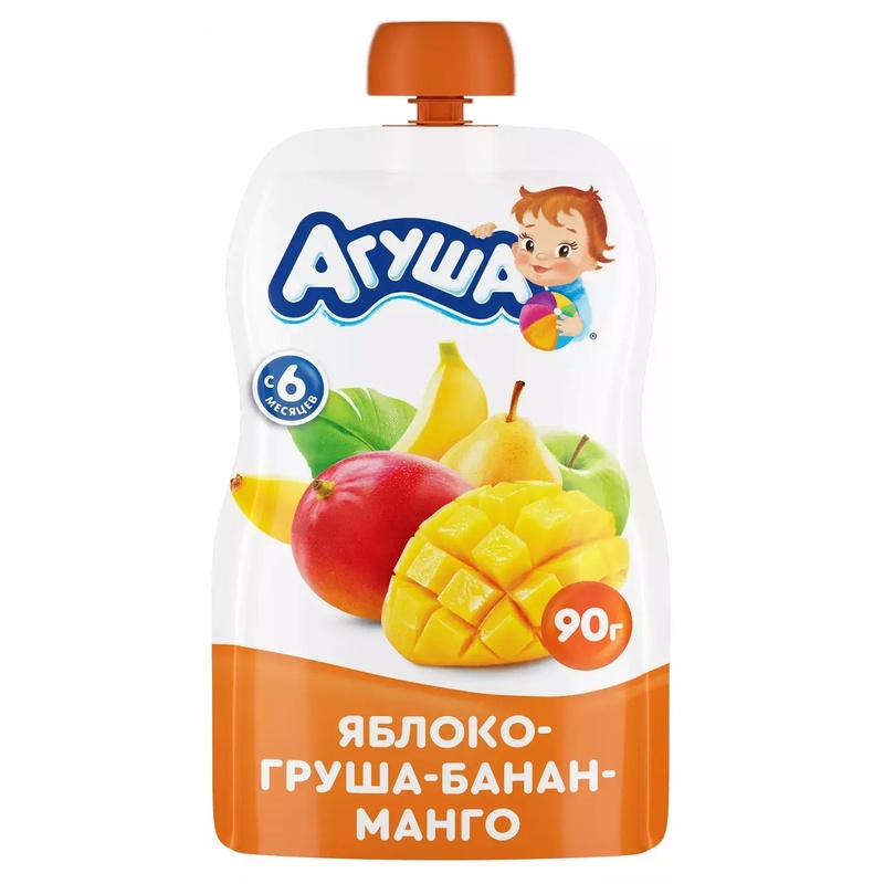 ПЮРЕ АГУША ЯБЛОКО ГРУША БАНАН МАНГО 90Г ПАУЧ