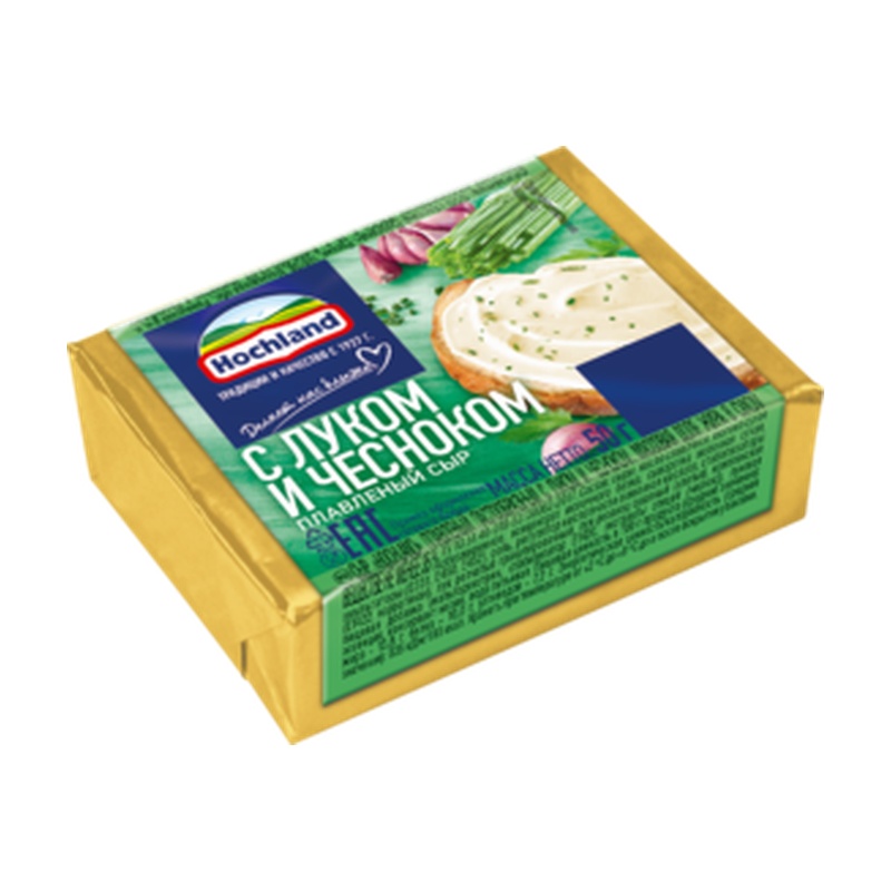 СЫР ПЛАВЛЕННЫЙ HOCHLAND С ЛУКОМ И ЧЕСНОКОМ 50Г БЛОК