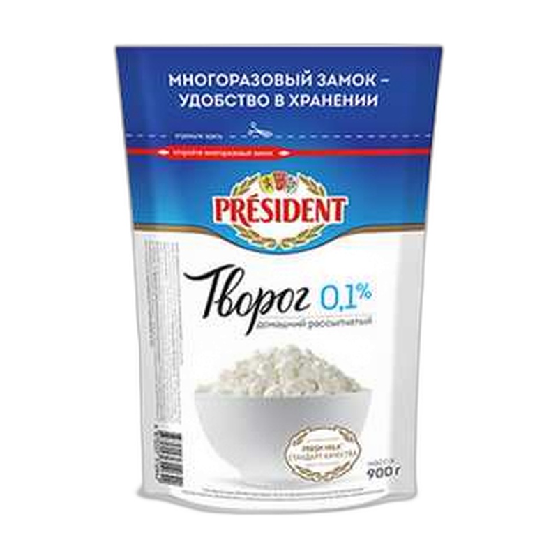 ТВОРОГ PRESIDENT ДОМАШНИЙ ОБЕЗЖИРЕННЫЙ 0% 900Г Д/П