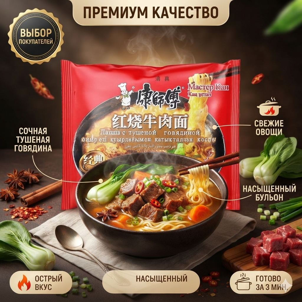 ЛАПША MASTER KONG ВОСТОЧНАЯ С ГОВЯДИНОЙ 85Г ПАКЕТ