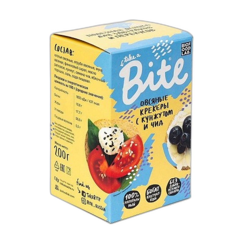 КРЕКЕРЫ ОВСЯНЫЕ BITE КУНЖУТ ЧИА 200Г