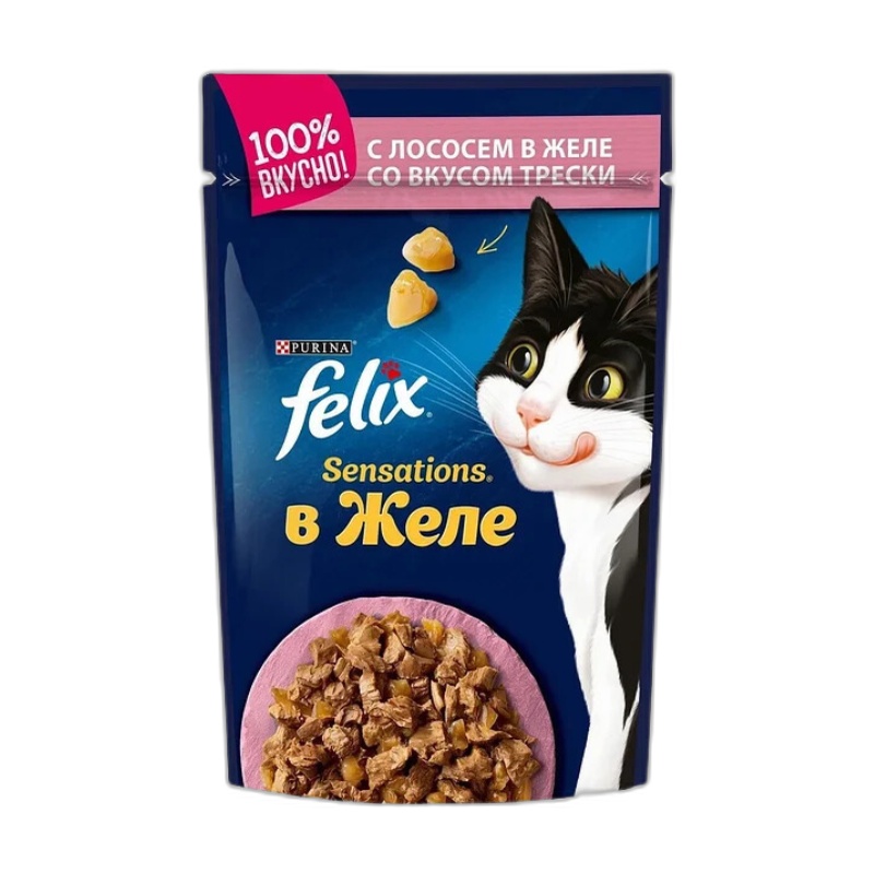 КОРМ ДЛЯ КОШЕК FELIX SENSATIONS ЖЕЛЕ ЛОСОСЬ ТРЕСКА 75Г