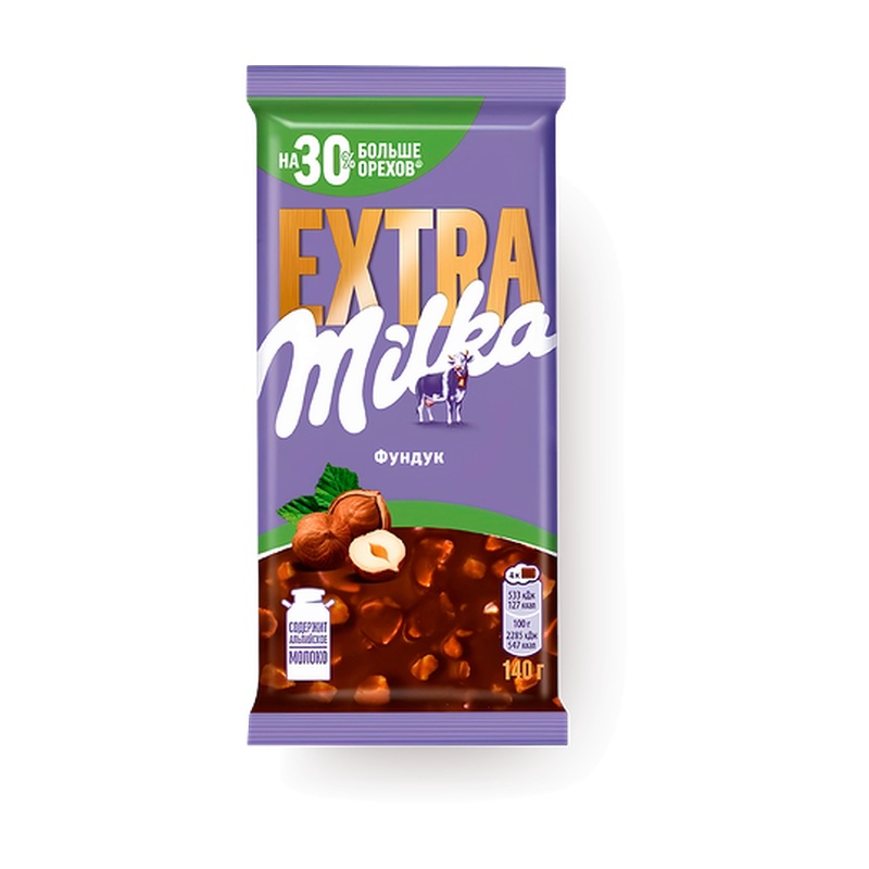 ШОКОЛАД MILKA EXTRA МОЛОЧНЫЙ ЦЕЛЬНЫЙ ФУНДУК 140Г