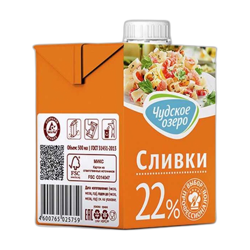 СЛИВКИ ЧУДСКОЕ ОЗЕРО У/П 22% 500МЛ Т/П