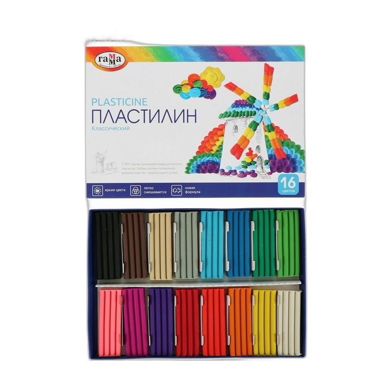 ПЛАСТИЛИН ГАММА КЛАССИЧЕСКИЙ 16ЦВ 320Г СО СТЕКОМ К/У