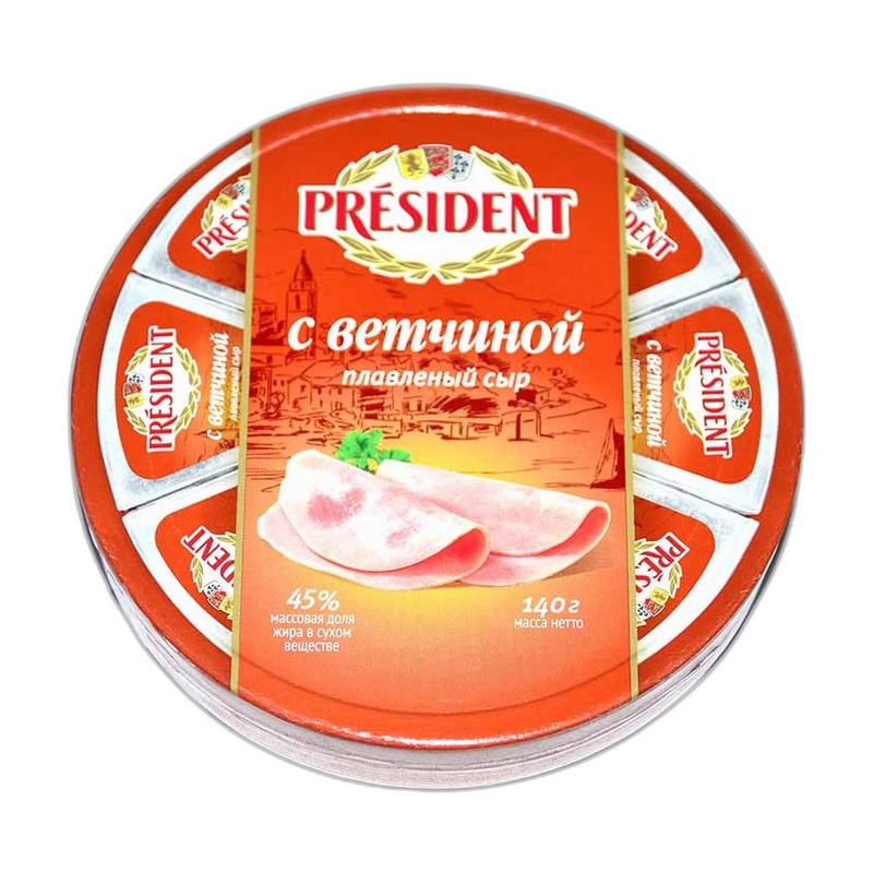 СЫР ПЛАВЛЕНЫЙ PRESIDENT ВЕТЧИНА 45% 140Г КРУГ