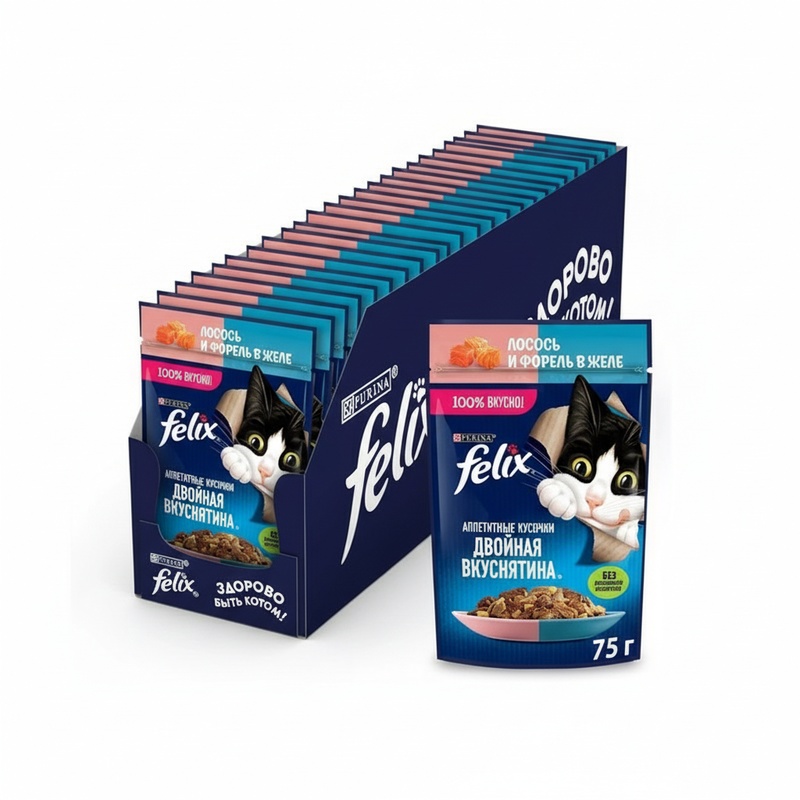 КОРМ ДЛЯ КОШЕК FELIX ДВОЙНАЯ ВКУСНЯТИНА ЛОСОСЬ ФОРЕЛЬ 75Г
