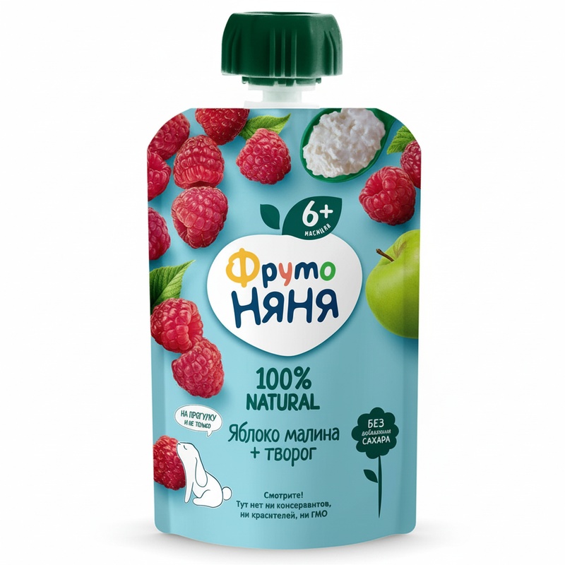 ПЮРЕ ФРУТО НЯНЯ ЯБЛОКО МАЛИНА ТВОРОГ 90Г ПАУЧ