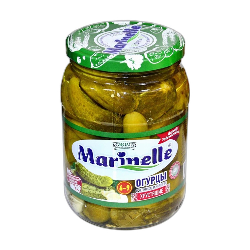 ОГУРЦЫ MARINELLE ДЕЛИКАТЕСНЫЕ С ЧЕСНОКОМ И УКРОПОМ 6-9 720МЛ