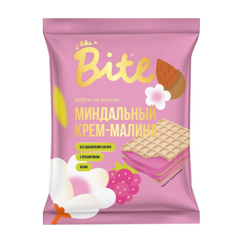 ВАФЛИ ЦВЕТОЧНЫЕ BITE МАЛИНА МИНДАЛЬНЫЙ КРЕМ 30Г
