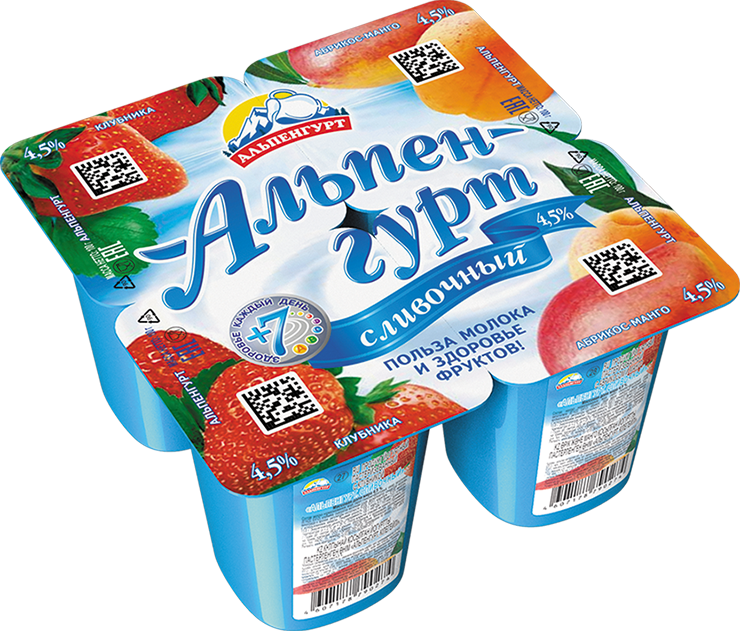 ЙОГУРТ АЛЬПЕНГУРТ КЛУБНИКА АБРИКОС МАНГО 4,5% 100Г