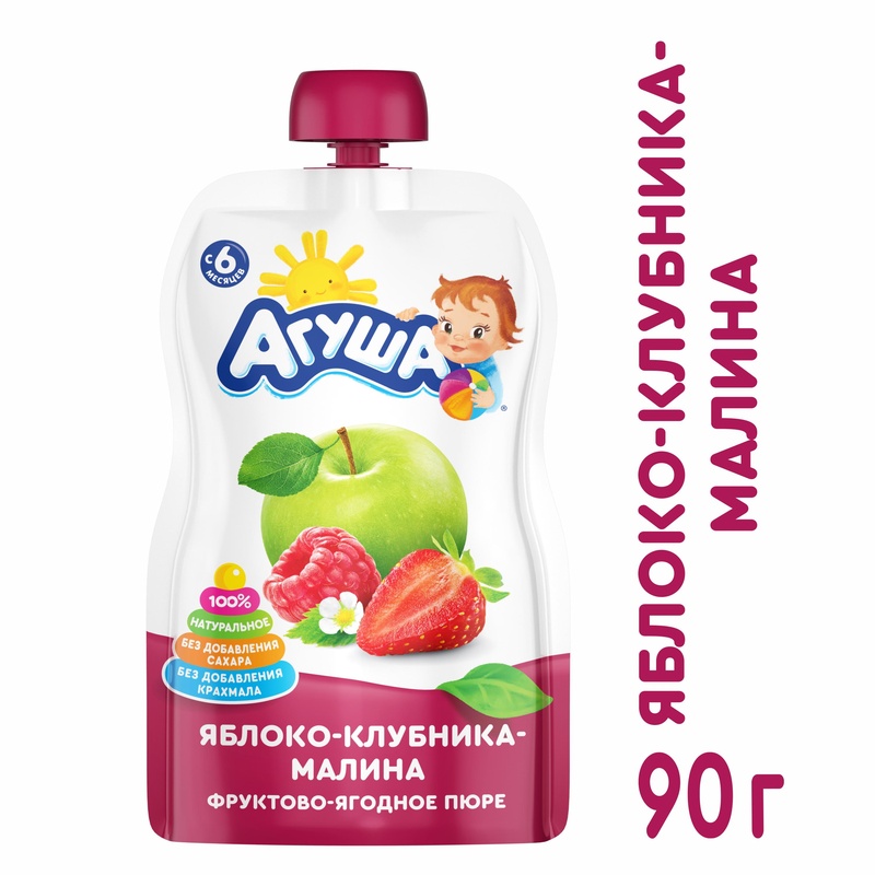 ПЮРЕ АГУША ЯБЛОКО МАЛИНА КЛУБНИКА 90Г ПАУЧ