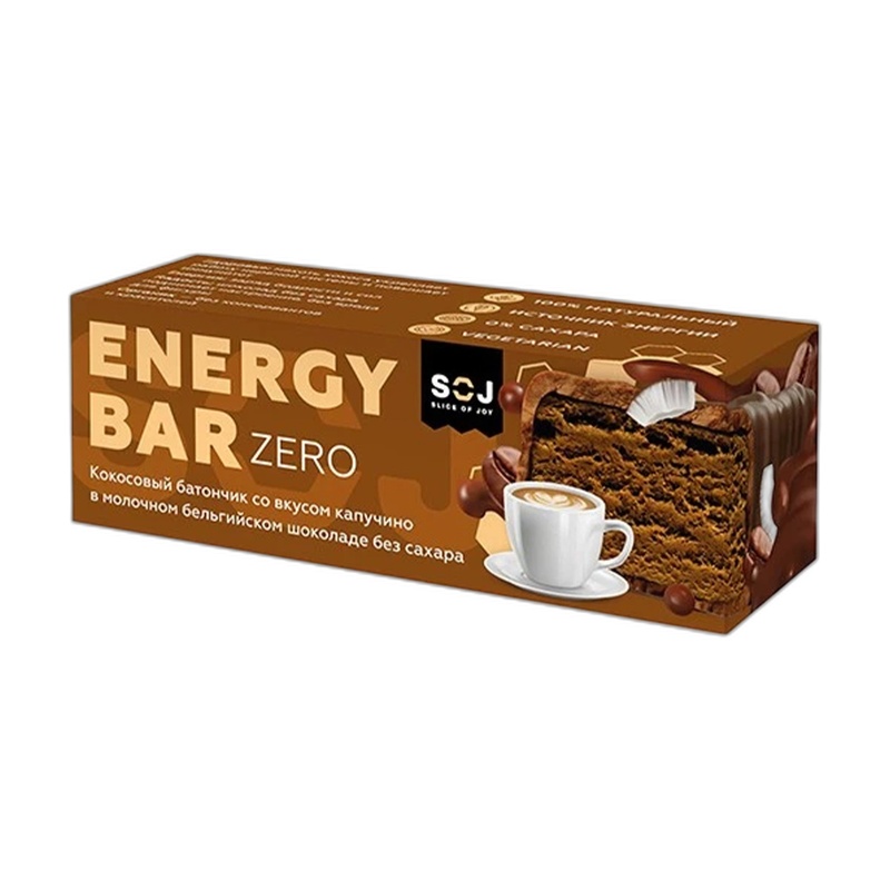 БАТОНЧИК КОКОСОВЫЙ SOJ ENERGY BAR ZERO КАПУЧИНО В МОЛОЧНОМ ШОКОЛАДЕ 45Г
