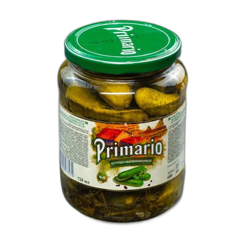ОГУРЦЫ PRIMARIO КОНСЕРВИРОВАННЫЕ 3-6СМ 700Г