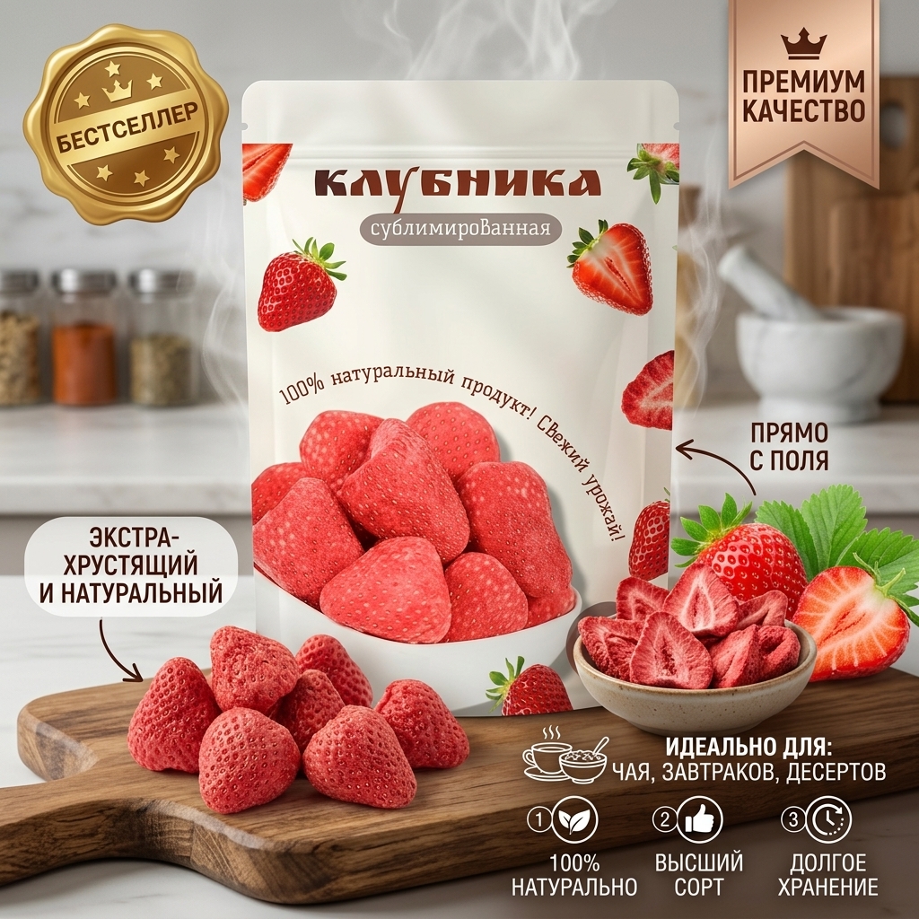 КЛУБНИКА СУБЛИМИРОВАННАЯ С САХАРОМ 100Г