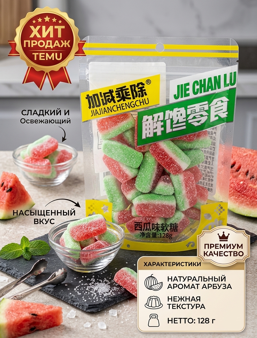 ЖЕВАТЕЛЬНИЕ КОНФЕТЫ СО ВКУСОМ АРБУЗА 120Г