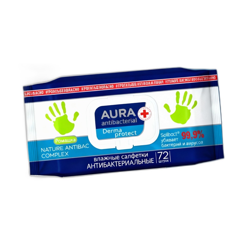 САЛФЕТКИ ВЛАЖНЫЕ AURA ANTIBACTERIAL РОМАШКА 72ШТ