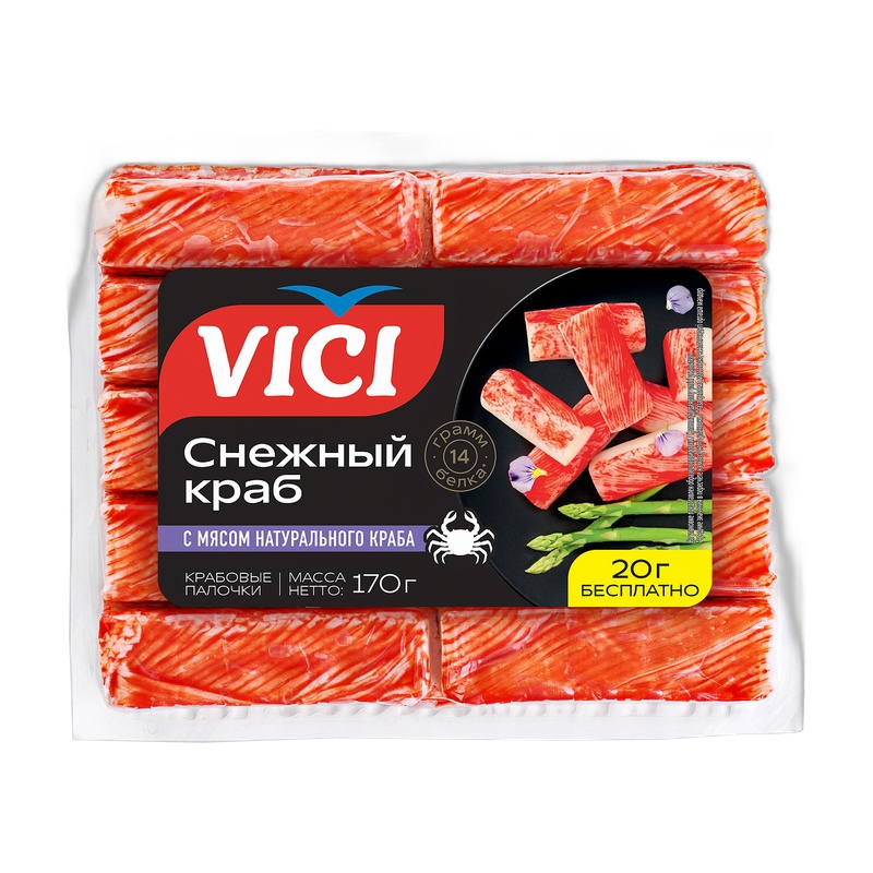 ПАЛОЧКИ КРАБОВЫЕ VICI С МЯСОМ НАТУРАЛЬНОГО КРАБА 150+20Г