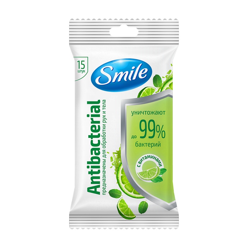 САЛФЕТКИ ВЛАЖНЫЕ SMILE ANTIBACTERIAL ЛАЙМ МЯТА ВИТАМИНЫ 15ШТ