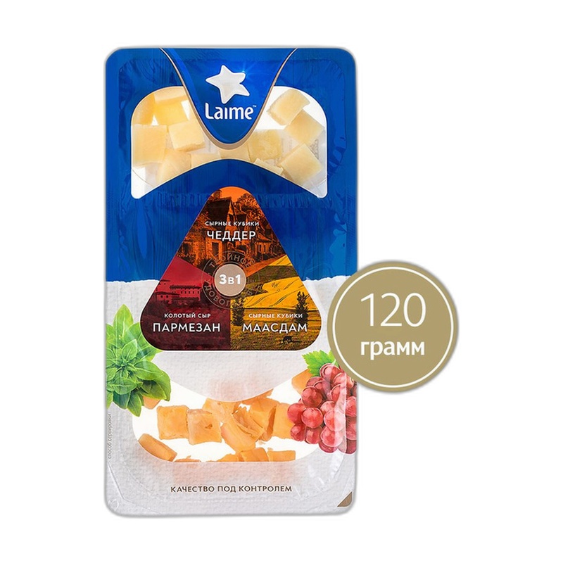СЫР АССОРТИ ПАРМЕЗАН МААСДАМ ЧЕДДЕР 40% КОЛКА И КУБИКИ 120Г