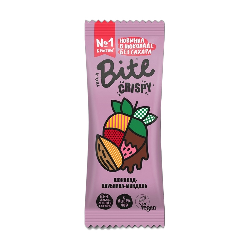 БАТОНЧИК BITE CRISPY МИНДАЛЬ КЛУБНИКА В ТЕМНОМ ШОКОЛАДЕ 45Г