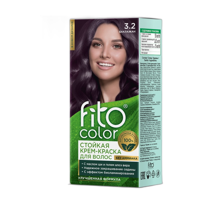 КРЕМ-КРАСКА ДЛЯ ВОЛОС FITOCOLOR СТОЙКАЯ 3.2 ТОН БАКЛАЖАН 115МЛ