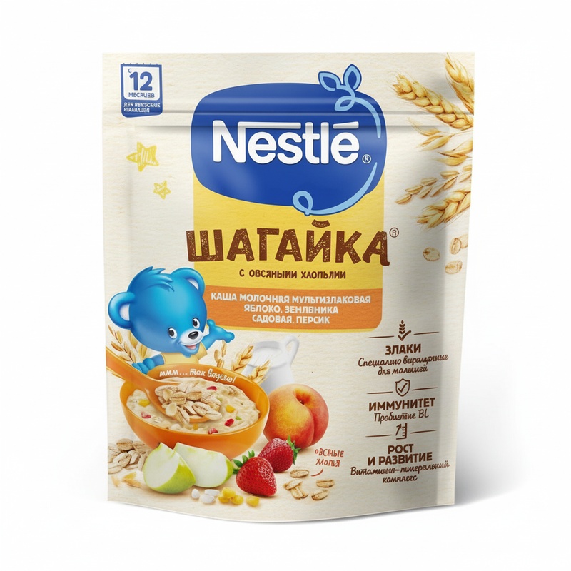 КАША МОЛОЧНАЯ NESTLE ШАГАЙКА МУЛЬТИЗЛАКОВАЯ ЗЕМЛЯНИКА ЯБЛОКО ПЕРСИК 190Г