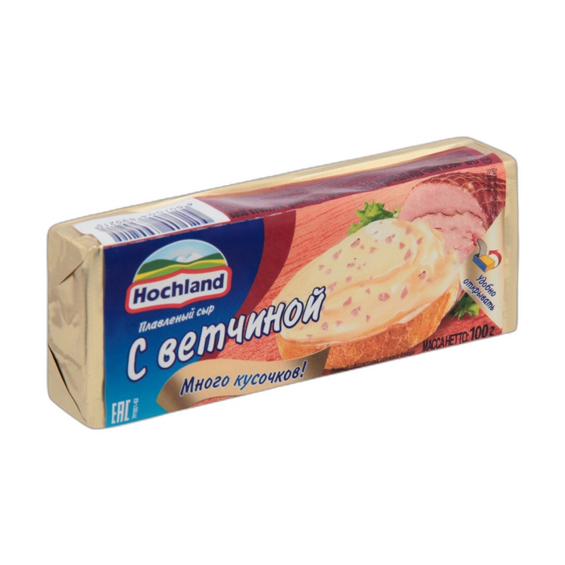 СЫР ПЛАВЛЕННЫЙ HOCHLAND С ВЕТЧИНОЙ 100Г БЛОК